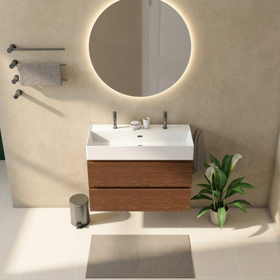 Saniclass Holz Pure Badkamermeubelset - 100x45x72cm - Legend keramische wastafel mat wit - 1 wasbak - 2 kraangaten - 2 lades - mat walnut pure (hout)