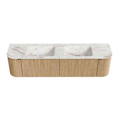 MONDIAZ KURVE-DLUX meuble de salle de bains 180cm avec module 25 Len R couleur chêne avec 2 tiroirs et 2 portes. Lavabo LEAF double sans trou de robinet couleur Frappe.