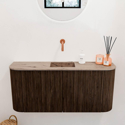 Mondiaz JOYA-DLUX 93.2cm toiletmeubel - ronding links en rechts kleur Walnut - Wastafel FAYE positie Midden Zonder kraangat kleur Arena.