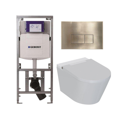 QeramiQ Luma Douche WC Set - Geberit UP320 inbouwreservoir - met Burda frame - fohn - ladydouche - geborsteld messing bedieningsplaat - rechthoekige knoppen - glans wit