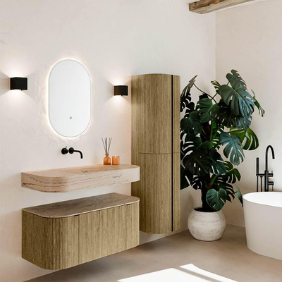 MONDIAZ THOR-DLUX 100cm meuble de salle de bains arrondi gauche + droite couleur Dusk avec 1 tiroir et 2 portes. Vasque suspendue CLOUD Milieu sans trou de robinet couleur Arena.