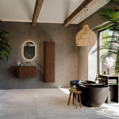 MONDIAZ KURVE-DLUX meuble de salle de bains 75cm avec module 25 L couleur Walnut avec 1 tiroir et 1 porte. Lavabo GRUNNE à droite sans trou de robinet couleur Lava.