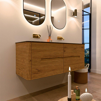 Mondiaz CIRO-DLUX Badkamermeubelset - 130x45x50cm - Solid surface wastafel Lava - 2 wasbak Dubbel - zonder kraangaten - 4 lades - Oak