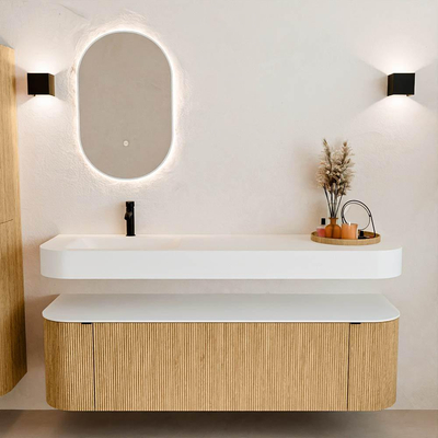 MONDIAZ THOR 160cm meuble de salle de bains arrondi gauche + droite couleur Oak avec 1 tiroir et 2 portes. Vasque suspendue CLOUD gauche 1 trou de robinet couleur Talc.