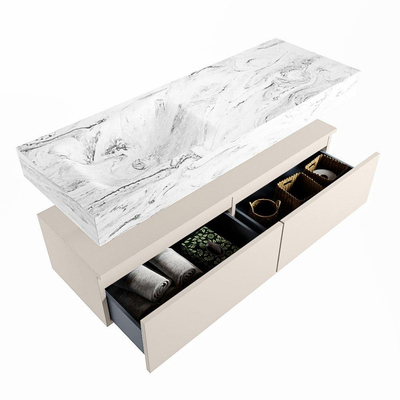 Mondiaz ALAN-DLUX Ensemble de meuble - 130cm - meuble Linen mat - 2 tiroirs - Lavabo Cloud Glace suspendu - vasque Gauche - 1 trou de robinet