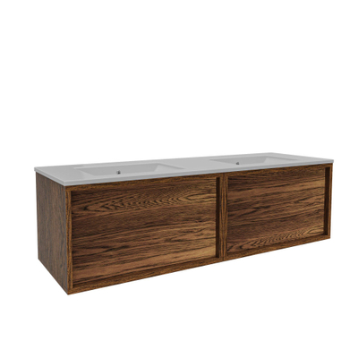 Saniclass Holz Frame Meuble de salle de bain - 140x45x40cm - lavabo en céramique blanc - 2 vasques - sans trous de robinet - 2 tiroirs - Walnut pure