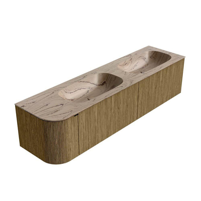 MONDIAZ KURVE-DLUX 175cm meuble de salle de bains arrondi Gauche couleur Dusk avec 2 tiroirs et 1 porte. Lavabo STOR SMALL Double / Droite sans trou de robinet Arena.