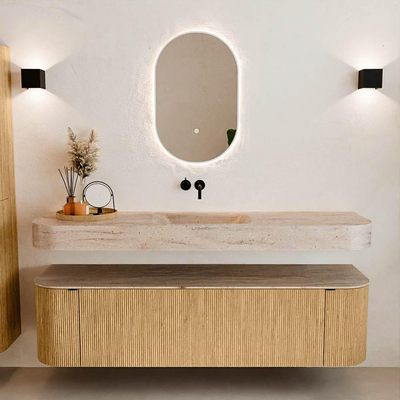 MONDIAZ THOR-DLUX 170cm badmeubel ronding links + rechts kleur Oak met 1 lade en 2 deuren. Vrijhangende wastafel CLOUD Midden zonder kraangat kleur Saba.