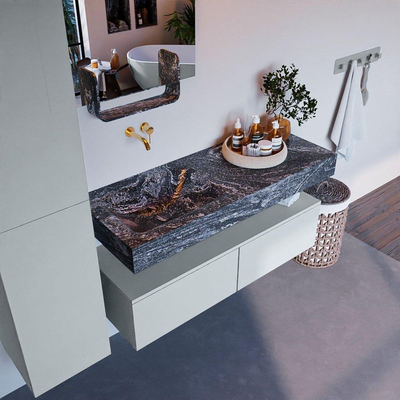 Mondiaz ALAN-DLUX Ensemble de meuble - 120cm - meuble Clay mat - 2 tiroirs - Lavabo Cloud Lava suspendu - vasque Gauche - 0 trous de robinet