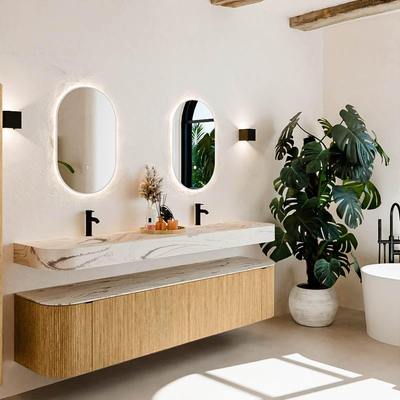 MONDIAZ THOR-DLUX 200cm meuble de salle de bains arrondi gauche + droite couleur Oak avec 2 tiroirs et 2 portes. Vasque suspendue CLOUD Double 2 trous de robinet couleur Nata.