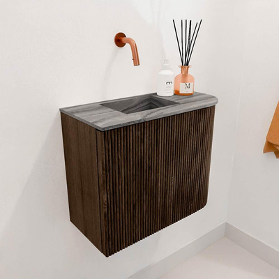 Mondiaz JOYA-DLUX 51.6cm toiletmeubel - ronding rechts kleur Walnut - Wastafel FAYE positie Links Zonder kraangat kleur Sombra.