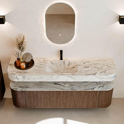 MONDIAZ THOR-DLUX 170cm meuble de salle de bains arrondi gauche + droite couleur Walnut avec 1 tiroir et 2 portes. Vasque suspendue CLOUD Milieu 1 trou de robinet couleur Glace.