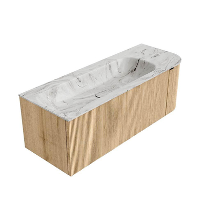 MONDIAZ KURVE-DLUX 125cm badmeubel met module 25 R kleur Oak met 1 lade en 1 deur. Wastafel BIG MEDIUM links zonder kraangat kleur Glace.