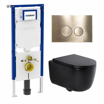 QeramiQ Dely Swirl Toiletset - 36.3x51.7cm - Geberit UP720 Duofix Sigma inbouwreservoir - 35mm zitting - bedieningsplaat geborsteld messing - ronde knoppen - mat zwart