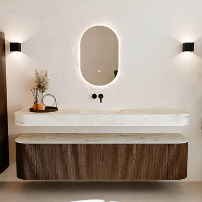 MONDIAZ THOR-DLUX 190cm meuble de salle de bains arrondi gauche + droite couleur Walnut avec 2 tiroirs et 2 portes. Vasque suspendue CLOUD Milieu sans trou de robinet couleur Ostra.