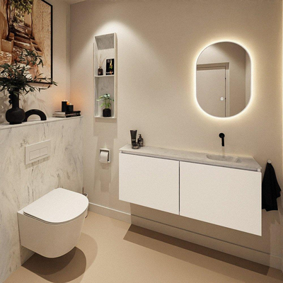 MONDIAZ TURE-DLUX Meuble de toilettes 120 cm Talc. Lavabo EDEN Opalo position droite. Sans trou de robinet.