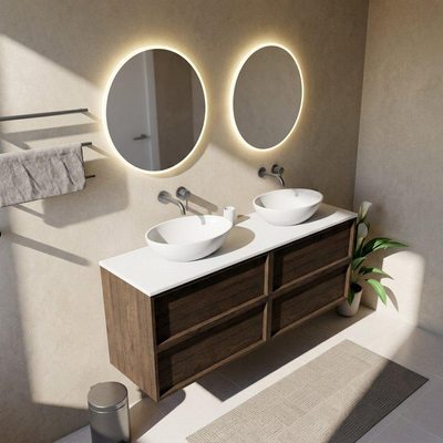 Saniclass Holz Frame Ensemble meuble de salle de bains - 160x45x62.5cm - Plan de toilette Torino en solid surface blanc - sans trou de robinetterie - 4 tiroirs - chêne charcoal mat (bois)