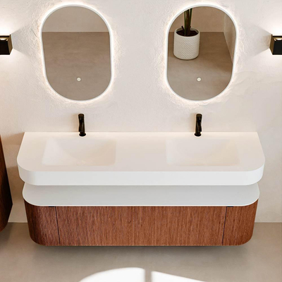 MONDIAZ THOR Meuble de salle de bains 170cm arrondi gauche + droite couleur Ruby avec 1 tiroir et 2 portes. Vasque suspendue CLOUD Double 2 trous de robinet couleur Talc.