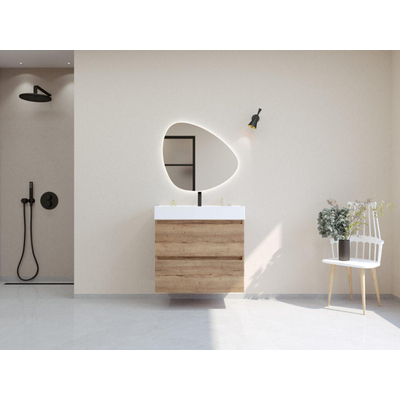 HR Infinity XXL 3d meuble de salle de bain ensemble 80 cm 1 vasque céramique kube blanc 1 trou de robinet 2 tiroirs chêne français