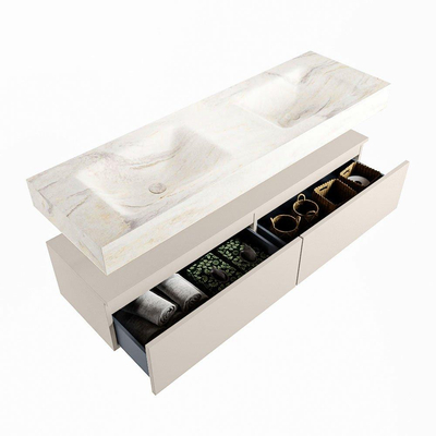Mondiaz ALAN-DLUX Ensemble de meuble - 150cm - meuble Linen mat - 2 tiroirs - Lavabo Cloud Ostra suspendu - vasque Gauche et droite - 0 trous de robinet