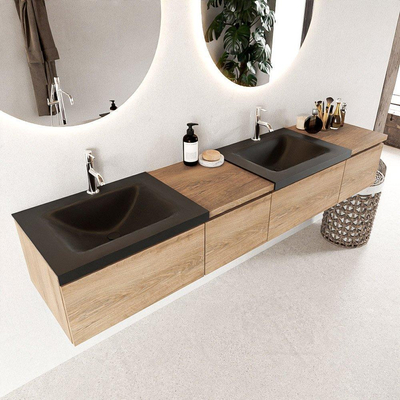 Mondiaz BUKLA badkamermeubelset 200x45x34cm 2 kraangaten 2 wasbakken solid surface Urban greeploos 4 lades met softclose Melamine Washed Oak