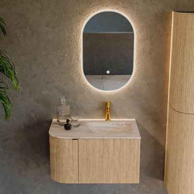 MONDIAZ KURVE-DLUX 75cm badmeubel ronding Links kleur Oak met 1 lade en 1 deur. Wastafel GRUNNE Rechts 1 kraangat Nata.