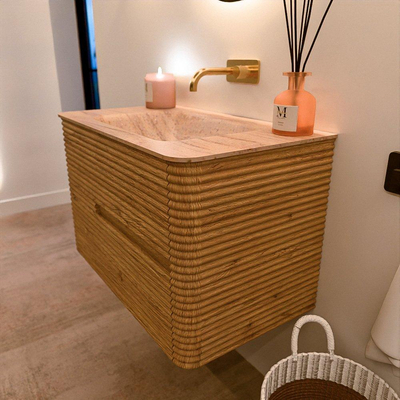 Mondiaz CIRO-DLUX Badkamermeubelset - 80x45x50cm - Solid surface wastafel Saba - 1 wasbak Midden - zonder kraangaten - 2 lades - Oak