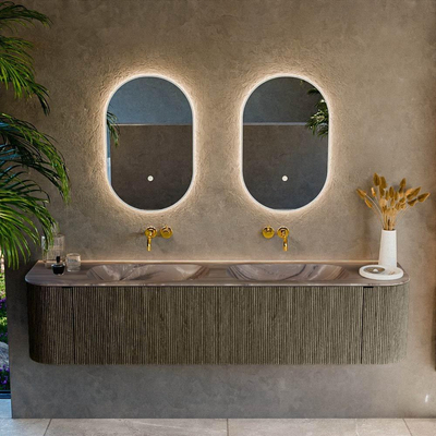 MONDIAZ KURVE-DLUX 190cm meuble de salle de bains arrondi Gauche + Droite couleur Shadow avec 2 tiroirs et 2 portes. Plan-vasque STOR SMALL Double sans trou de robinet Sombra.