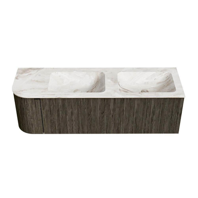 Mondiaz KURVE-DLUX Ensemble meuble de salle de bains - 145x46x40cm - 1 tiroir - 1 porte - lavabo solid surface - double / droite - 2 trous de robinet - Shadow