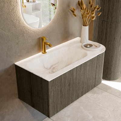 Mondiaz KURVE-DLUX Badkamermeubelset - 95x46x40cm - 1 lade - 1 deur - wastafel solid surface - links - 1 kraangat - Shadow