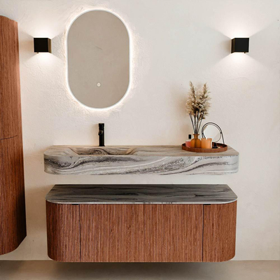 MONDIAZ THOR-DLUX 130cm meuble de salle de bains arrondi gauche + droite couleur Ruby avec 1 tiroir et 2 portes. Vasque suspendue CLOUD gauche 1 trou de robinet couleur Sombra.