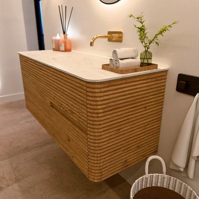 Mondiaz CIRO-DLUX Badkamermeubelset - 120x45x50cm - Solid surface wastafel Opalo - 1 wasbak Rechts - zonder kraangaten - 2 lades - Oak