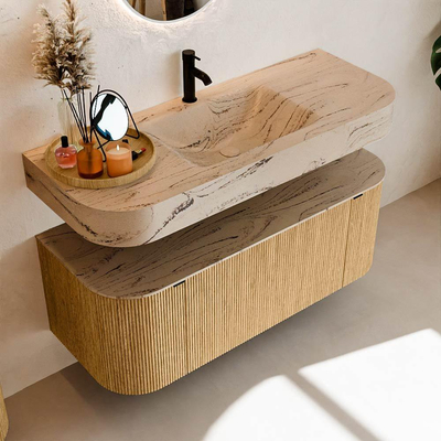 MONDIAZ THOR-DLUX 120cm badmeubel ronding links + rechts kleur Oak met 1 lade en 2 deuren. Vrijhangende wastafel CLOUD Midden 1 kraangat kleur Arena.