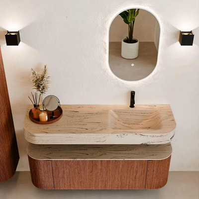 MONDIAZ THOR-DLUX 140cm meuble de salle de bains arrondi gauche + droite couleur Ruby avec 1 tiroir et 2 portes. Vasque suspendue CLOUD Droite 1 trou de robinet couleur Arena.