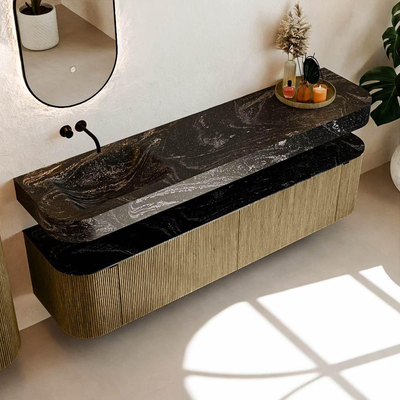 MONDIAZ THOR-DLUX 190cm meuble de salle de bains arrondi gauche + droite couleur Dusk avec 2 tiroirs et 2 portes. Vasque suspendue CLOUD gauche sans trou de robinet couleur Lava.