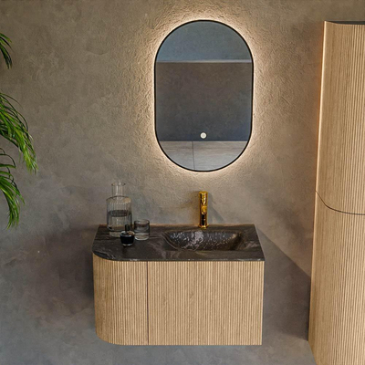 MONDIAZ KURVE-DLUX 75cm Meuble salle de bain avec module 25 G - couleur Oak - 1 tiroir - 1 porte - vasque GRUNNE droite - 1 trou de robinet - couleur Lava