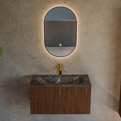 MONDIAZ KURVE-DLUX 80cm badmeubel kleur Walnut met 1 lade. Wastafel BIG SMALL midden 1 kraangat kleur Lava.