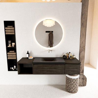 MONDIAZ BUKLA 160cm ensemble de meuble avec module ouvert 40 gauche couleur Marron Foncé avec 2 tiroirs. Lavabo CLOUD centre 0 trous de robinet couleur Urban.