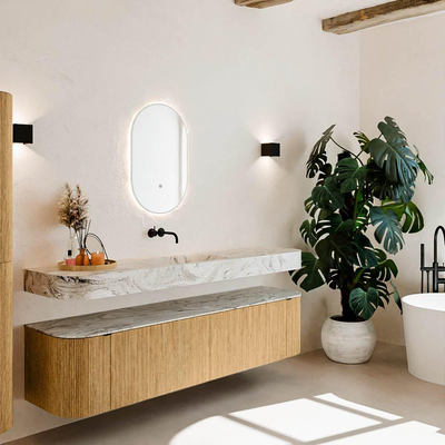 MONDIAZ THOR-DLUX Meuble de salle de bains - 190cm - arrondi gauche + droite - couleur Oak - 2 tiroirs et 2 portes - Vasque suspendue CLOUD Milieu sans trou de robinet - couleur Glace