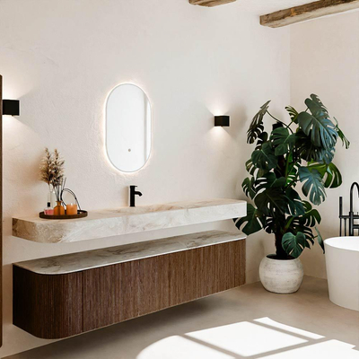 MONDIAZ THOR-DLUX Meuble de salle de bains - 200cm - arrondi gauche + droite - couleur Walnut - 2 tiroirs et 2 portes - Vasque suspendue CLOUD Milieu 1 trou de robinet - couleur Frappe