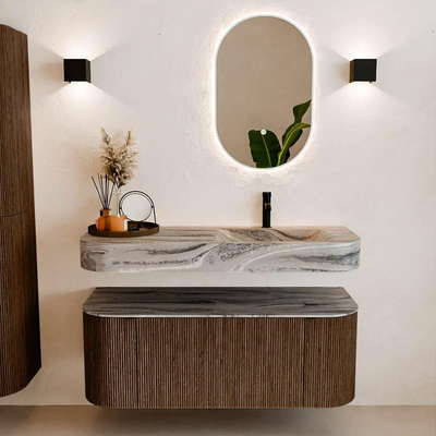 MONDIAZ THOR-DLUX 120cm badmeubel ronding links + rechts kleur Walnut met 1 lade en 2 deuren. Vrijhangende wastafel CLOUD Rechts 1 kraangat kleur Sombra.