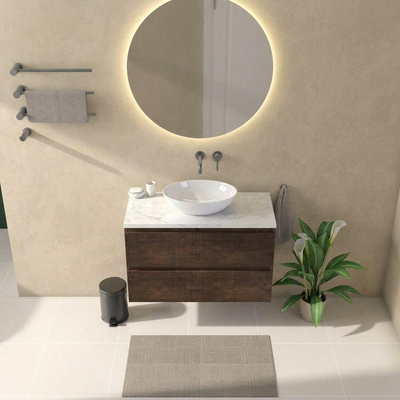 Saniclass Holz Atelier Ensemble de meubles de salle de bains - 100x45x63cm - Plan vasque en marbre Dia poli (blanc) - sans trou de robinet - 2 tiroirs - chêne charcoal mat (bois)