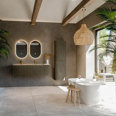 MONDIAZ KURVE-DLUX meuble de salle de bains 145cm arrondi à droite couleur Shadow avec 1 tiroir et 1 porte. Lavabo BIG LARGE à gauche 2 trous de robinet Saba.