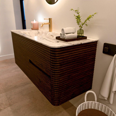 Mondiaz CIRO-DLUX Meuble de salle de bains - 120x45x50cm - Vasque solid surface Glace - 1 bassin à gauche - 1 trou de robinet - 2 tiroirs - Noyer
