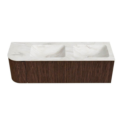 MONDIAZ KURVE-DLUX Meuble de salle de bains 145 cm avec module 25 L couleur Walnut avec 1 tiroir et 1 porte. Lavabo LEAF double / à droite 2 trous de robinet couleur Ostra.