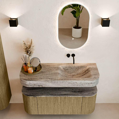 MONDIAZ THOR-DLUX 120cm meuble de salle de bains arrondi gauche + droite couleur Dusk avec 1 tiroir et 2 portes. Vasque suspendue CLOUD Droite sans trou de robinet couleur Oza.