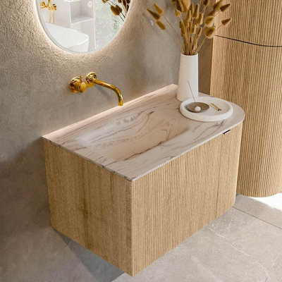 MONDIAZ KURVE-DLUX 75cm badmeubel ronding Rechts kleur Oak met 1 lade en 1 deur. Wastafel GRUNNE Links zonder kraangat Nata.