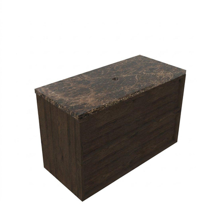 Saniclass Holz Frame Ensemble meuble de salle de bains - 100x45x63cm - Plan de travail en pierre naturelle Noche dark emperador - sans trou de robinetterie - 2 tiroirs - chêne charcoal mat (bois)