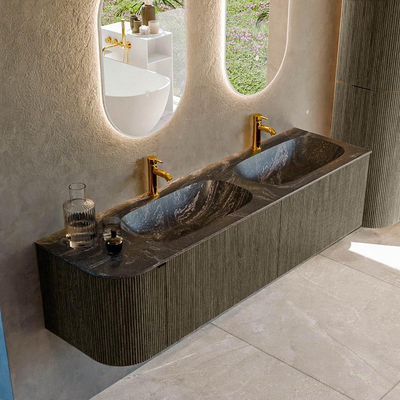 Mondiaz KURVE-DLUX Badkamermeubelset - 165x46x40cm - 2 lade - 1 deur - wastafel solid surface - dubbel / rechts - 2 kraangaten - Shadow