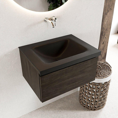 Mondiaz BUKLA Ensemble de meuble - 60x45x34cm - 0 trous de robinet - lavabo centré - solid surface - Urban - sans poignée - 1 tiroir - Mélamine - Marron foncé